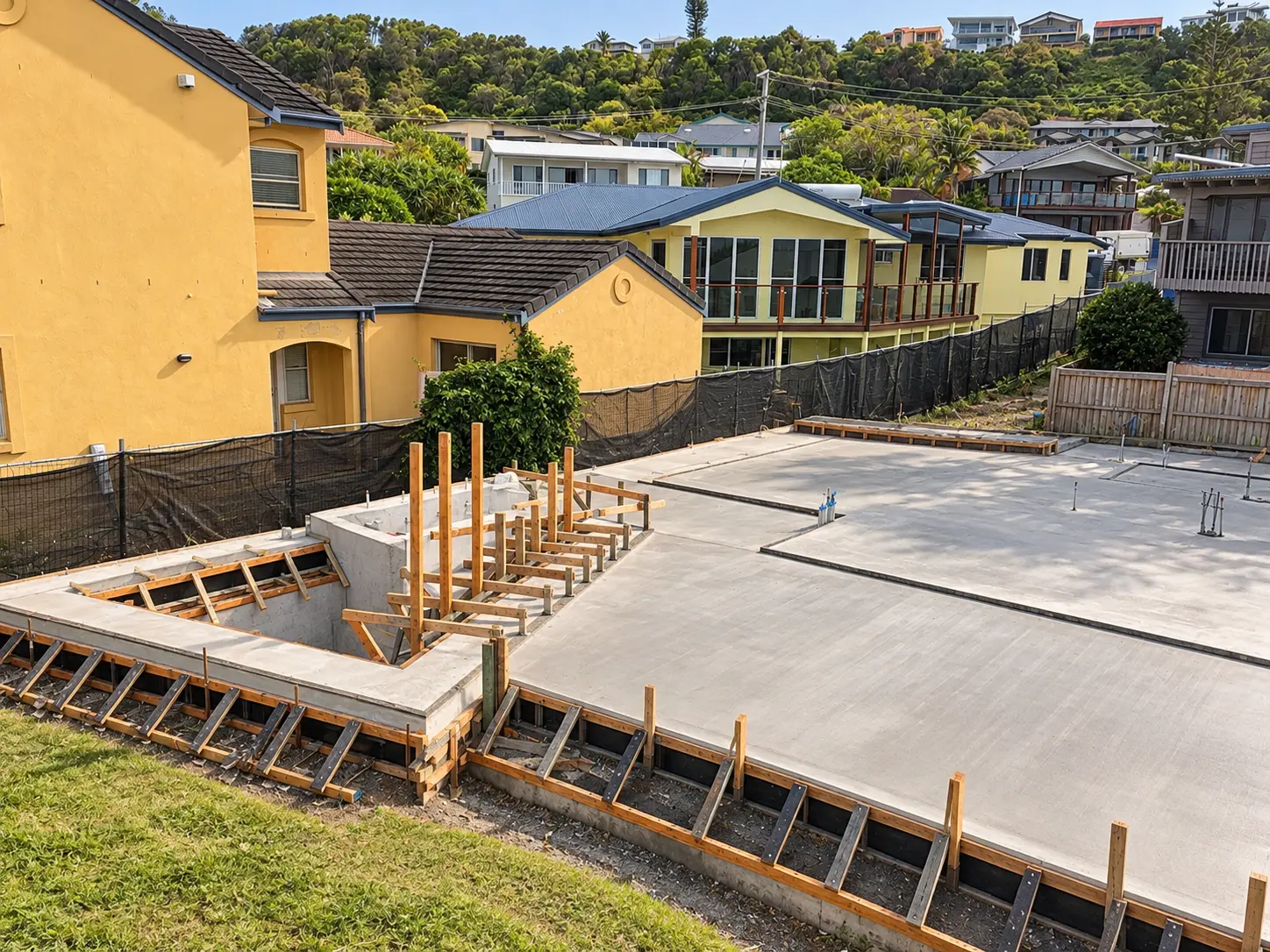 Formed and poured concrete slab with timber formwork on a hillside site at Lennox Head