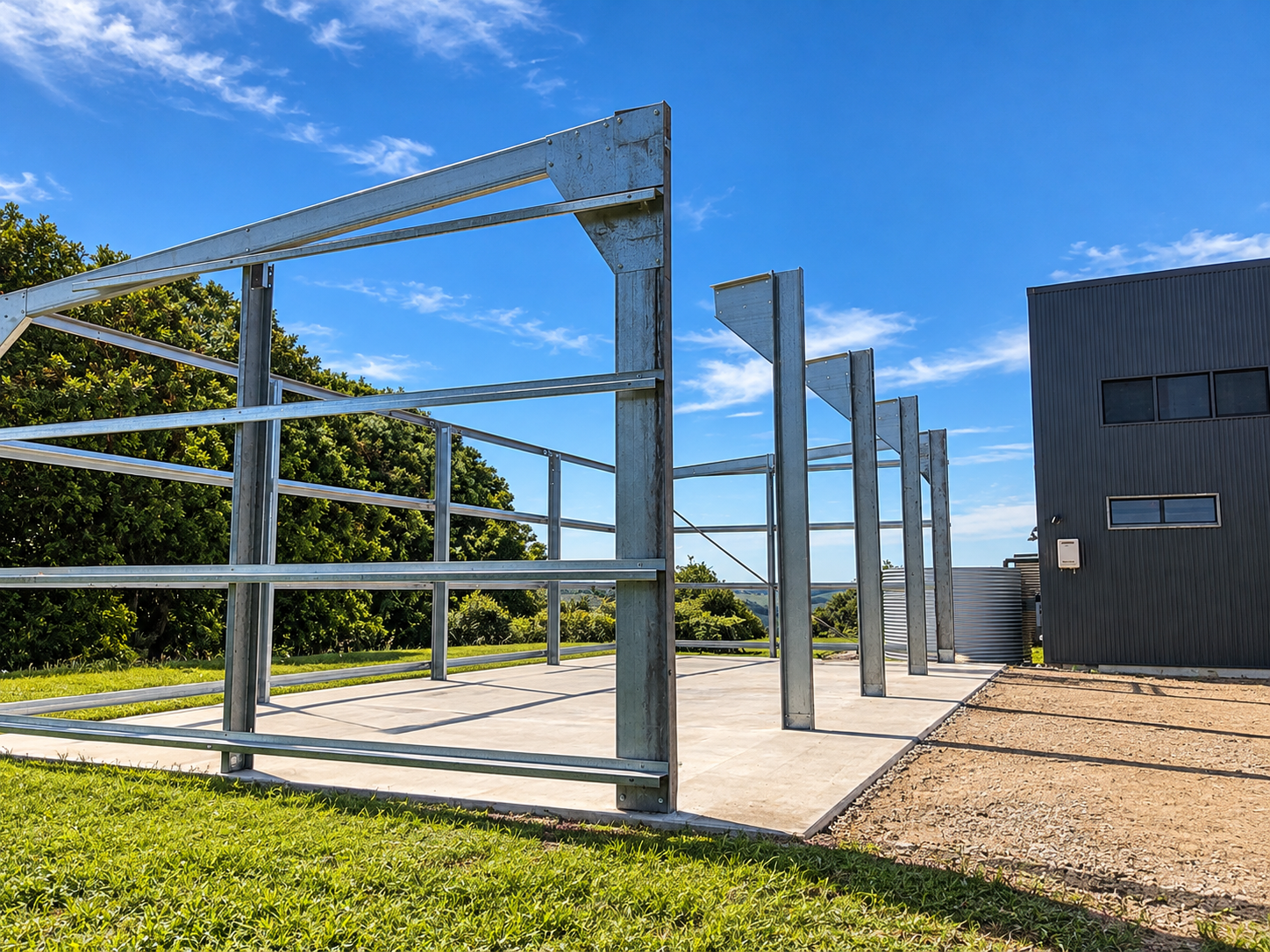 Galvanised steel shed frame on a new concrete slab beside a dark steel-clad building