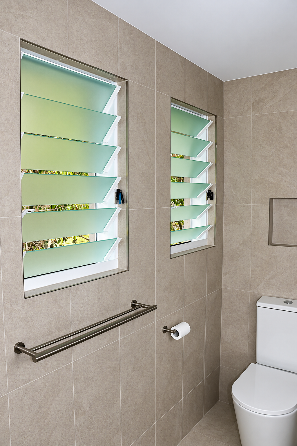 Tiled bathroom with frosted glass louvre windows, chrome towel rail and wall-faced suite