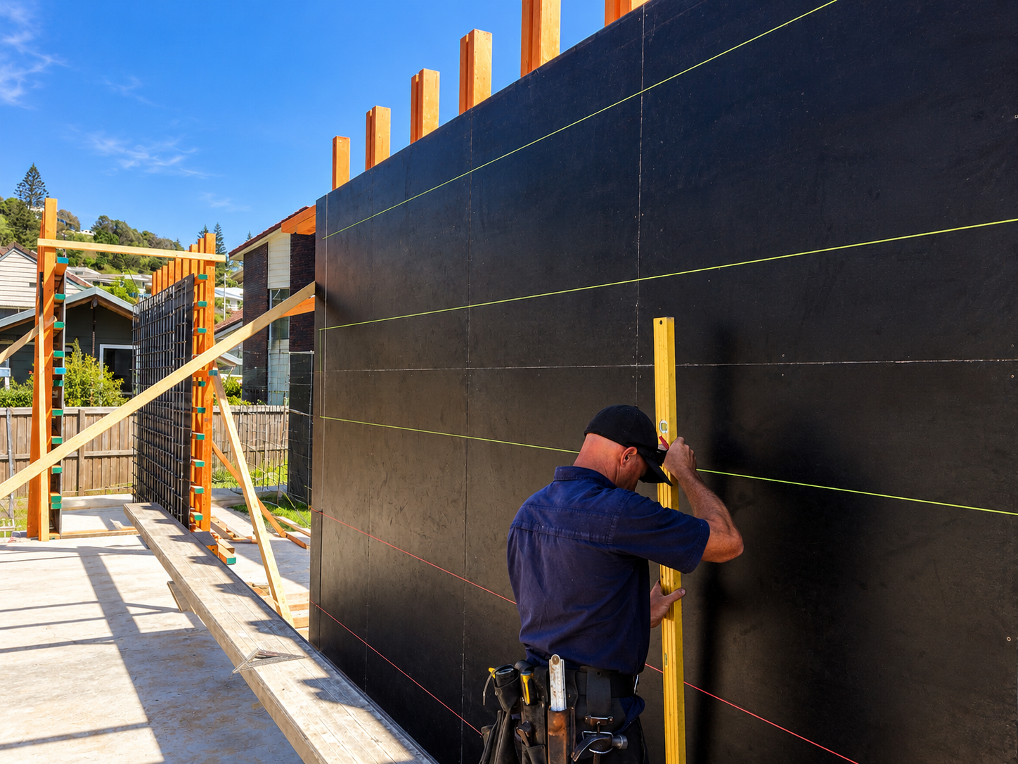 Builder checking a black formply wall form with a spirit level, with reinforcement steel and timber framing on a concrete slab
