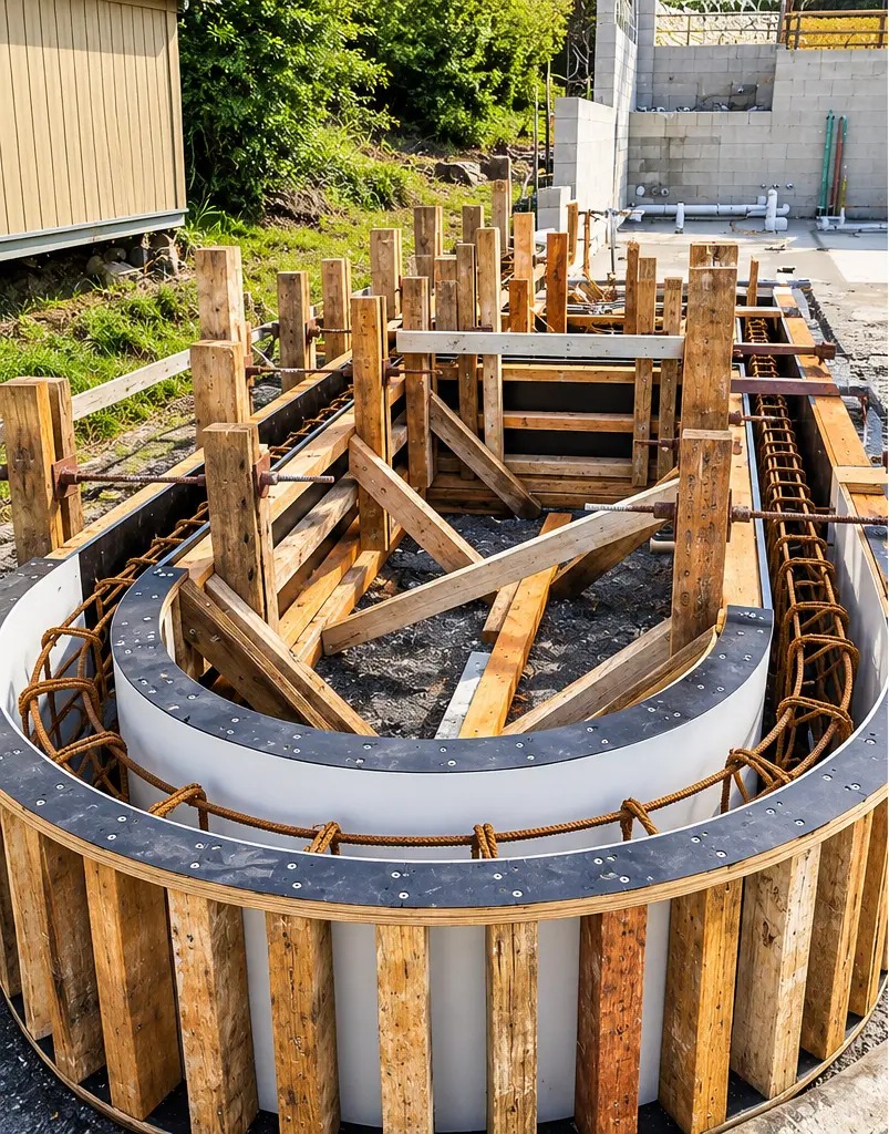 Curved concrete formwork with closely spaced timber studs and reinforcement steel prepared for a pour